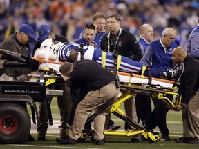 Indianapolis Colts tight end Brandon Williams (85) is taken off the field after being injured during the first half of an NFL football game against the Denver Broncos in Indianapolis, Thursday, Dec. 14, 2017.