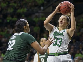 Notre Dame's Kathryn Westbeld (33) gets pressure from Michigan State's Taya Reimer (32) during the first half of an NCAA college basketball game Wednesday, Dec. 6, 2017, in South Bend, Ind.