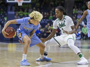 Marquette's Natisha Hiedeman (5) dribbles between her legs as Notre Dame's Lili Thompson (1) defends during the second half of an NCAA college basketball game Wednesday, Dec. 20, 2017, in South Bend, Ind. Notre Dame won 91-85 in overtime.