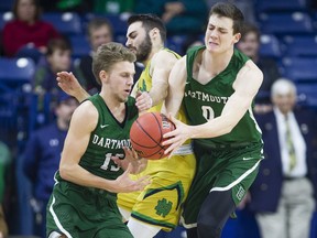 Notre Dame's Matt Farrell (5) tries to get between Dartmouth's Brendan Barry (15) and Will Emery (0) during an NCAA college basketball game at Purcell Pavilion in South Bend, Ind., Tuesday, Dec. 19, 2017.