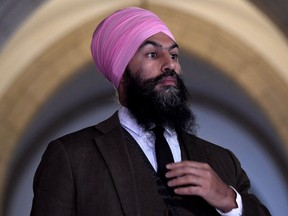 NDP leader Jagmeet Singh arrives to speak to reporters in the Foyer of the House of Commons on Parliament Hill following the national caucus meeting in Ottawa on Wednesday, Dec. 6, 2017.