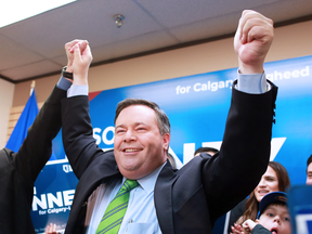 Jason Kenney celebrates after winning the Calgary-Lougheed byelection on Thursday, Dec. 14, 2017.