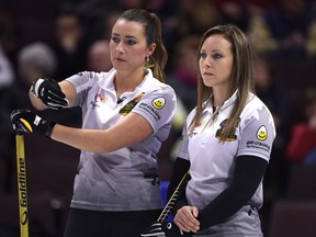 Team Homan third Emma Miskew talks with skip Rachel Homan during a draw against Team Carey at the 2017 Roar of the Rings Canadian Olympic Curling Trials in Ottawa on Saturday, Dec. 2, 2017.