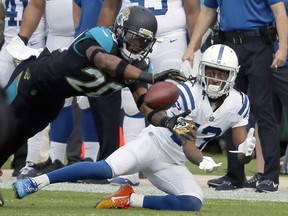 Jacksonville Jaguars cornerback Jalen Ramsey, left, breaks up a pass intended for Indianapolis Colts wide receiver T.Y. Hilton, right, during the first half of an NFL football game, Sunday, Dec. 3, 2017, in Jacksonville, Fla.