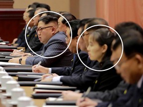 North Korean leader Kim Jong-Un speaking during the second day of the 5th Conference of Cell Chairpersons of the Workers' Party of Korea (WPK) in Pyongyang. His sister Kim Yo-jong sat just a few seats away from him.