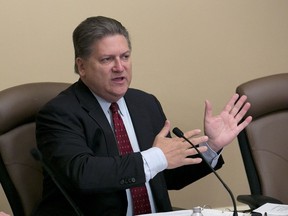 FILE - In this April 25, 2017, file photo, state Sen. Bob Hertzberg, D-Van Nuys, gestures during a hearing in Sacramento, Calif. Hertzberg is proudly known for hugging, once passing out pins reading "I was hugged by Assemblyman Bob Hertzberg." The Democratic senator is facing allegations he inappropriately hugged three of his female colleagues.