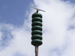 FILE - In this Nov. 29, 2017, file photo, a Hawaii Civil Defense Warning Device, which sounds an alert siren during natural disasters, is seen in Honolulu. A report on a Hawaii siren test that drew international attention amid a North Korea missile threat shows that 28 sirens statewide played the wrong sound or had other technical problems. The Hawaii Emergency Management Agency report says nearly 93 percent of the state's sirens worked properly. Hawaii re-introduced the Cold War-era warning siren during a test earlier this month.