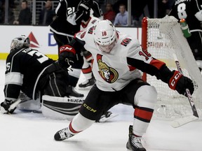 Ottawa Senators left wing Ryan Dzingel celebrates after scoring against the Los Angeles Kings during the third period of an NHL hockey game in Los Angeles, Thursday, Dec. 7, 2017.