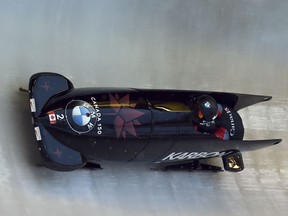 Canada's Kaillie Humphries and Melissa Lotholz speed down the course during the women's two-person World Cup bobsled race in Winterberg, Germany, Saturday, Dec. 9, 2017.