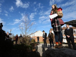 Lindsay Shepherd speaks during a rally in support of freedom of expression at Wilfrid Laurier University in Waterloo, Ont., on Nov. 24, 2017.