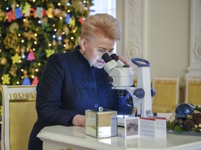 In this image made available by the Lithuanian President's office, President Dalia Grybauskaite looks through a microscope inside the Presidential Place in Vilnius, Friday Dec. 22, 2017. Lithuania has given Pope Francis a Christmas present invisible to the naked eye: a Nativity scene where baby Jesus is smaller than a human cell. Lithuanian President Dalia Grybauskaite on Friday looked through a microscope to see a replica of the crib at Vilnius's downtown Cathedral Square, a copy of the nativity scene that was given to Francis by Lithuanian diplomats earlier this month.  (Lithuanian President's Office via AP)