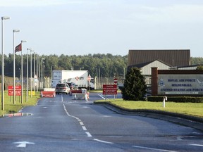 FILE - This is a  Jan. 8, 2015 file photo of  U.S.Air Force Base, RAF Mildenhall in Suffolk Eastern England. British police said Monday dec. 18, 2017 that they are responding to a "significant" incident at a Royal Air Force base used by the U.S. Air Force. Police say it happened at RAF Mildenhall  and has urged the public to stay away from the area for the time being. Police say that further details will be released shortly.