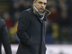 Swansea City manager Carlos Carvalhal during the English Premier League soccer match against Watford at Vicarage Road, London, Saturday Dec. 30, 2017.