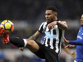 Newcastle United's Jamaal Lascelles in action against Everton during the Premier League match at St James' Park in Newcastle, England, Wednesday Dec. 13, 2017.