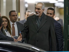 Bashar al-Jaafari, Syrian chief negotiator and Ambassador of the Permanent Representative Mission of the Syria to UN New York, leaves the palais des Nations after a round of negotiation with UN Special Envoy of the Secretary-General for Syria, during the Intra Syria talks, at the European headquarters of the United Nations in Geneva, Switzerland, Wednesday, Nov. 29, 2017. (Salvatore Di Nolfi/Keystone via AP)
