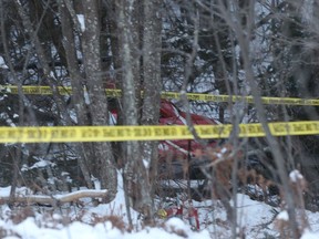 Hydro One that crashed csan be seen near Tweed, Ont., on Dec. 14, 2017. Ontario's largest electricity provider has released the names its four employees who were killed in a helicopter crash in eastern Ontario on Thursday.