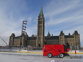 Travis O'Donnell drives a zamboni on the Canada 150 rink on Parliament Hill on Dec. 11, 2017.