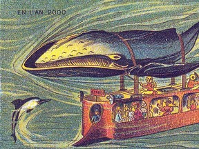 A French illustration from the late 19th century imagining the world in the 21st century. This one depicts commuters being whisked to underwater cities in a whale-powered bus.