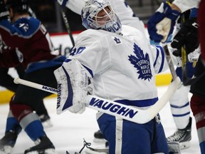 Toronto Maple Leafs goaltender Calvin Pickard reacts after deflecting a Colorado Avalanche shot during the first period on Friday in Denver.