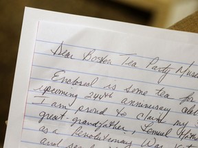 This Monday, Dec. 11, 2017 photo shows a detail of a recent letter sent to the Boston Tea Party Museum, in Boston. The museum is encouraging Americans to send unused tea leaves to toss into the Boston Harbor as part of the Saturday, Dec. 16, 2017, annual re-enactment of the historic act of defiance that led to the Revolutionary War.