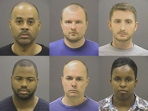 FILE - These May 1, 2015, file photos provided by the Baltimore Police Department show, top row from left, Caesar R. Goodson Jr., Garrett E. Miller and Edward M. Nero, and bottom row from left, William G. Porter, Brian W. Rice and Alicia D. White, the six police officers who faced charges related to the death of Freddie Gray. More than two years since Gray suffered a fatal spinal injury in a police van and Baltimore's long-simmering economic and racial tensions were exposed to the world, the last of efforts to hold the officers accountable has sputtered to a close. (Baltimore Police Department via AP, File)