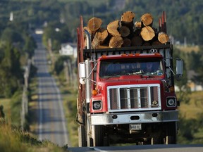 FILE - In the August 7, 2017 file photo, a logging truck travels on the Katahdin Woods and Waters scenic byway in Patten, Maine. Interior Secretary Ryan Zinke recommended in his final report to President Trump on Tuesday, Dec. 5, that timbering should be allowed in the Katahdin Woods and Waters National Monument, just west of the byway, and that infrastructure upgrades and public access for "traditional uses" like snowmobiling and hunting should be prioritized in a management plan.