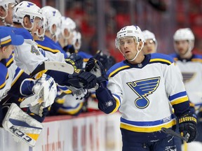 St. Louis Blues left wing Jaden Schwartz (17) celebrates his goal against the Detroit Red Wings in the first period of an NHL hockey game, Saturday, Dec. 9, 2017, in Detroit.