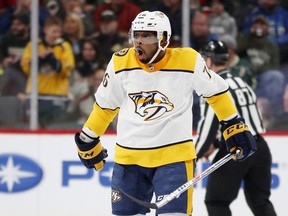 Nashville Predators P.K. Suban (76) celebrates his goal against the Minnesota Wild during the first period of an NHL hockey game on Friday, Dec. 29, 2017, in St. Paul, Minn.