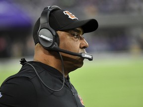 Cincinnati Bengals head coach Marvin Lewis watches from the sideline during the second half of an NFL football game against the Minnesota Vikings, Sunday, Dec. 17, 2017, in Minneapolis.