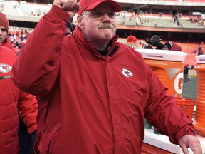 Andy Reid head coach of the Kansas City Chiefs celebrates a win over the Miami Dolphins after an NFL game Sunday, Dec. 24, 2017, in Kansas City, MO.