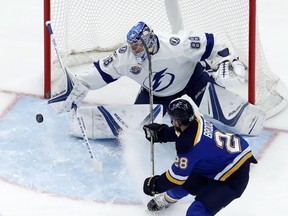 St. Louis Blues' Kyle Brodziak, right,  is unable to score past Tampa Bay Lightning goalie Andrei Vasilevskiy, of Russia, during the first period of an NHL hockey game Tuesday, Dec. 12, 2017, in St. Louis.
