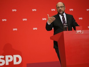 Social Democratic Party, SPD, chairman Martin Schulz addresses the media during a news conference after a board meeting at the party's headquarter in Berlin, Germany, Monday, Dec. 4, 2017.