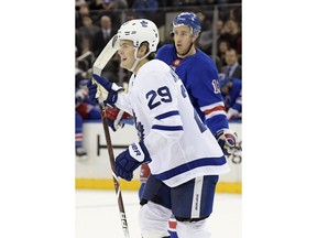 Toronto Maple Leafs center William Nylander (29) celebrates his goal as New York Rangers center Kevin Hayes (13) looks on during the first period of an NHL hockey game Saturday, Dec. 23, 2017, at Madison Square Garden in New York.