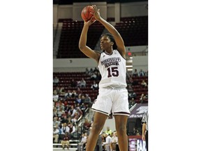 Mississippi State center Teaira McCowan (15) shoots a wide open basket against Maine in the first half of their NCAA college basketball game in Starkville, Miss., Sunday, Dec. 17, 2017.