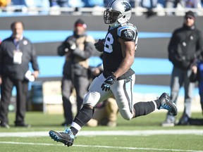 Carolina Panthers' Jonathan Stewart (28) runs for a touchdown against the Minnesota Vikings during the first half of an NFL football game in Charlotte, N.C., Sunday, Dec. 10, 2017.