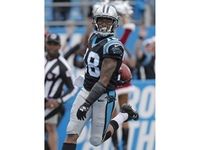 Carolina Panthers' Damiere Byrd (18) celebrates his kickoff return for a touchdown against the Tampa Bay Buccaneers during the first half of an NFL football game in Charlotte, N.C., Sunday, Dec. 24, 2017.