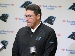 Carolina Panthers NFL football head coach Ron Rivera pauses to answer a question about the allegations against team owner Jerry Richardson, and the announced sale of the team at the end of the season, during a weekly press conference at Bank of America Stadium on Monday, Dec. 18, 2017.