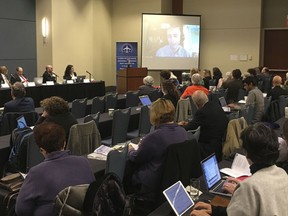 This Nov. 30, 2017 photo shows former Guantanamo Bay prisoner Mohamedou Ould Slahi speaking about his experiences under CIA interrogation via video from his home in Mauritania to an anti-torture group in Raleigh, NC. The North Carolina Commission of Inquiry on Torture, a self-appointed citizens group, heard from torture opponents over two days of testimony in Raleigh.