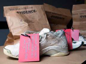 In this 2011 photograph, recovered shoes are shown at the Identification and Disaster Response Unit for the B.C Coroners Service in Burnaby, British Columbia.
