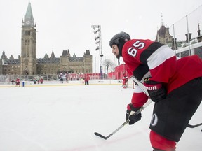 Ottawa Senators defenceman Erik Karlsson waits for a pass during a practice on the Parliament Hill ice rink on Dec. 15.
