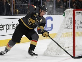 Vegas Golden Knights right wing Reilly Smith attempts a shot against the Anaheim Ducks during the first period of an NHL hockey game Tuesday, Dec. 5, 2017, in Las Vegas.