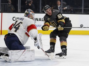Florida Panthers goalie James Reimer blocks a shot by Vegas Golden Knights left wing Erik Haula during the second period of an NHL hockey game, Sunday, Dec. 17, 2017, in Las Vegas.