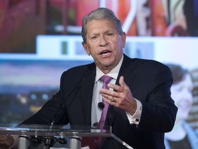 FILE - In this Thursday, May 14, 2015, file photo, then-Canadian Pacific Railway CEO Hunter Harrison speaks at the company's annual meeting in Calgary, Alberta. Harrison, the president CEO of railroad giant CSX, has died, the company announced Saturday, Dec. 16, 2017. He was 73 years old. CSX confirmed Harrison's death in a statement, saying his death was caused by "unexpectedly severe complications" from a recent illness. His death comes only a couple days after the company announced he was taking an unplanned medical leave of absence.