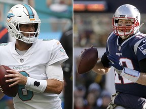 FILE - At left, in an Oct. 22, 2017, file photo, Miami Dolphins quarterback Jay Cutler (6) looks to pass during the first half of an NFL football game against the New York Jets, in Miami Gardens, Fla. At right, in a Nov. 26, 2017, file photo, New England Patriots quarterback Tom Brady rolls out to pass against the Miami Dolphins during the first half of an NFL football game, in Foxborough, Mass. New England plays at Miami on Monday night, Dec. 11. (AP Photo/File)