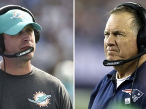 FILE - At left, in a Sept. 17, 2017, file photo, Miami Dolphins head coach Adam Gase looks on during during an NFL football game against the Los Angeles Chargers, in Carson, Calif. At right, in an Oct. 22, 2017, file photo, New England Patriots head coach Bill Belichick watches from the sideline during the first half of an NFL football game against the Atlanta Falcons, in Foxborough, Mass. The Miami Dolphins' second-year coach is 0-3 against the Patriots and faces them again Monday night, Dec. 11. (AP Photo/File)
