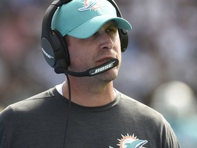 FILE - In this Sept. 17, 2017, file photo, Miami Dolphins head coach Adam Gase looks on during during an NFL football game against the Los Angeles Chargers, in Carson, Calif. The Denver Broncos play at the Dolphins on Sunday. (AP Photo/Denis Poroy, File)