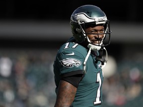 FILE - In this Sunday, Nov. 26, 2017, file photo, Philadelphia Eagles' Alshon Jeffery smiles before an NFL football game against the Chicago Bears, in Philadelphia. The Eagles have signed Jeffery to a four-year contract extension that runs through 2021. The deal announced Saturday, Dec. 2, 2017, is reportedly worth $52 million, with $27 million guaranteed.