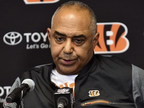 FILE - In this Dec. 17, 2017, file photo, Cincinnati Bengals head coach Marvin Lewis speaks during a news conference after an NFL football game against the Minnesota Vikings, in Minneapolis. The Bengals are out of contention for the second straight season, putting up back-to-back losing records for the first time since 2007-08. A lot could change in two weeks with Lewis finishing his contract and likely headed out following his 15th season in Cincinnati.