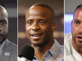 FILE - At left, in an Oct. 5, 2017, file photo, Marshall Faulk broadcasts from the field after an NFL football game against the Tampa Bay Buccaneers, in Tampa, Fla.  At center, in a Sept. 9, 2015, file photo, NFL Network's Ike Taylor is interviewed during a media availability on set at the NFL Network studios, in Culver City, California. At right in a Sept. 9, 2015, file photo, NFL Network's Heath Evans is interviewed during a media availability on set at the NFL Network studios, in Culver City, Calif. Hall of Fame player Marshall Faulk and two other NFL Network analysts have been suspended after a former employee alleged sexual misconduct in a lawsuit. NFL spokesman Brian McCarthy on Tuesday, Dec. 12, 2017,  identified the three as Faulk, Ike Taylor and Heath Evans. He says they have been "suspended from their duties at NFL Network pending an investigation into these allegations." (AP Photo/File)