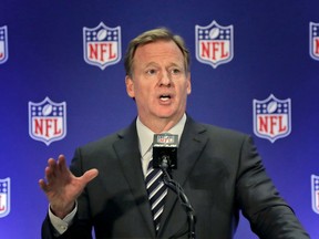 FILE - In this Oct. 18, 2017, file photo, NFL commissioner Roger Goodell speaks during a news conference in New York. An NFL spokesman says Commissioner Roger Goodell views the agreement reached on an extension last week as his final contract overseeing the league. Spokesman Joe Lockhart said at the owners meetings Wednesday, Dec. 13, 2017, that Goodell "has been clear that he views this as his last contract and will allow him to both deal with some of the important issues that we know are on the horizon."